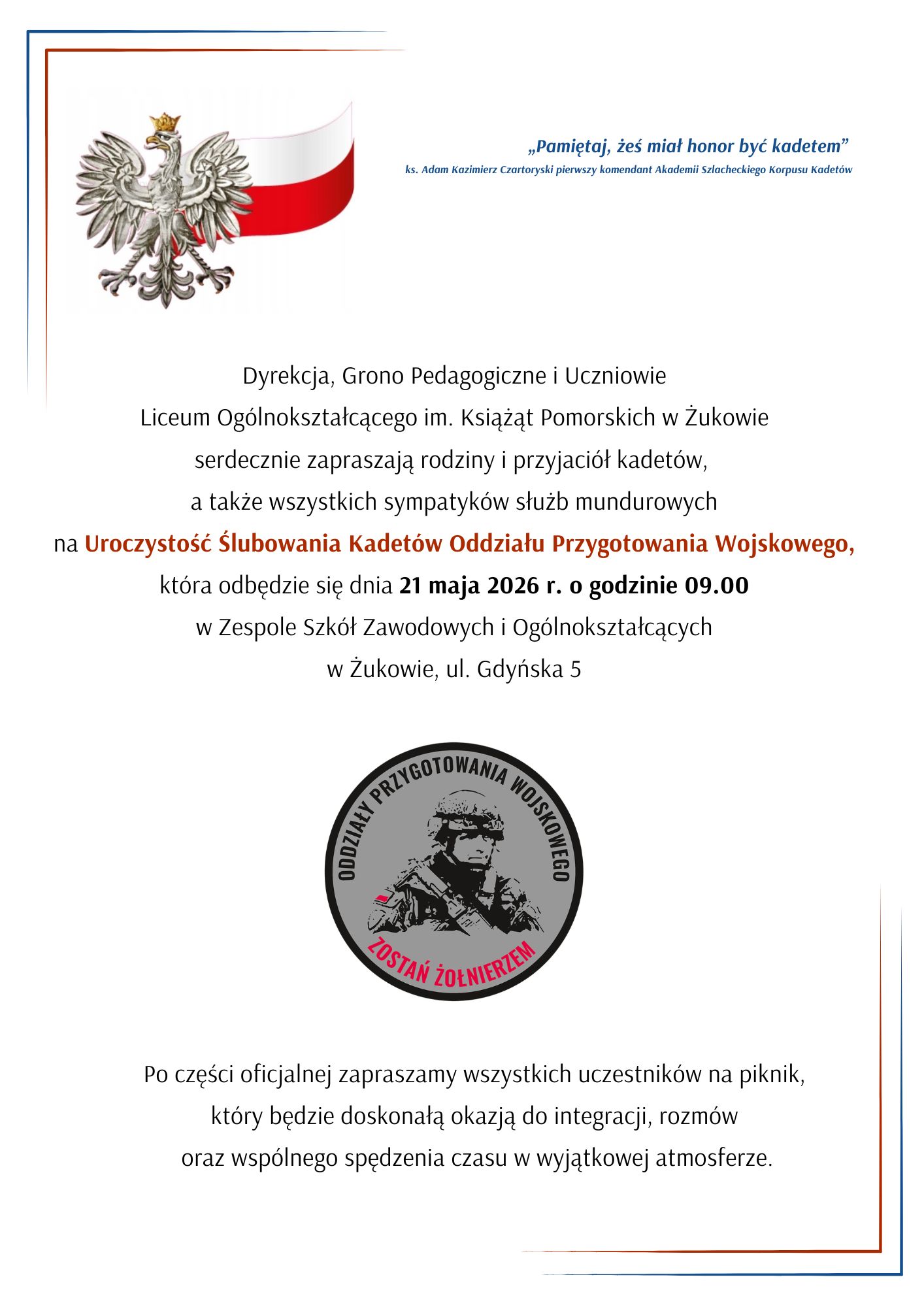 Zaproszenie na dzień kadeta i ślubowanie kadetów 