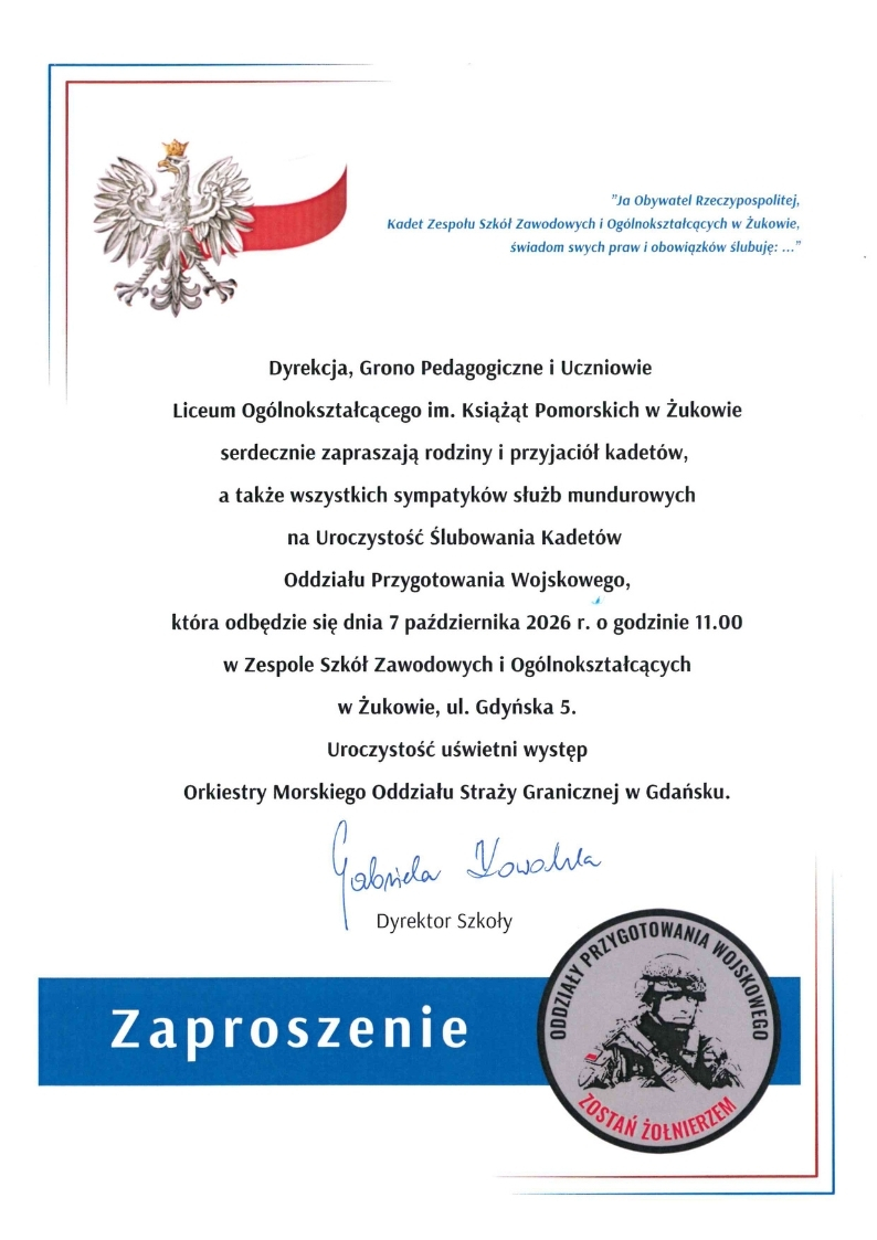 Zaproszenie na ślubowanie klasy I OPW